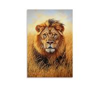 Dipinto ad olio con animale, leone maestoso nella savana dorata, un ritratto regale del re degli animali con criniera illuminata dal sole e sguardo penetrante, decorazione da parete moderna da