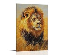 Dipinto ad olio con animale, leone maestoso nella savana dorata, un ritratto regale del re degli animali con luce del sole che brilla sulla criniera, elegante poster decorativo da parete, 60 x 90 cm