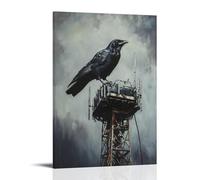 Dipinto ad olio con animale, un corvo che si arrampica su una torre radio durante una corsa in cima urbana in salita libera, elegante poster artistico da appendere alla parete, poster decorativo da