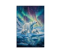 Dipinto ad olio con animali - Arctic Majesty - Un orso polare madre e cuccioli che camminano attraverso i ghiacci sotto l'aurora boreale, arte contemporanea da appendere alla parete, design decorativo