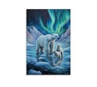 Dipinto ad olio con animali - Arctic Majesty - Un orso polare madre e cuccioli che camminano attraverso i ghiacci sotto l'aurora boreale, arte contemporanea da appendere alla parete, design decorativo