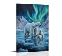 Dipinto ad olio con animali - Arctic Majesty - Un orso polare madre e cuccioli che camminano attraverso i ghiacci sotto l'aurora boreale, arte contemporanea da appendere alla parete, design decorativo