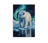 Dipinto ad olio con animali - Arctic Majesty - Un potente orso polare in piedi su banchi di ghiaccio, con l'aurora boreale che riflette nei suoi occhi vigili, decorazione da parete moderna da