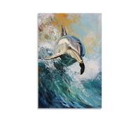 Dipinto ad olio con animali, delfini giocosi in onde turchesi, pennellate dinamiche catturano la gioia marina nell'oceano screziato dal sole, arte contemporanea da appendere alla parete, design