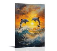 Dipinto ad olio con animali - Delfini graziosi al tramonto - Creature marine giocose che saltano tra le onde in calde tonalità dell'oceano - Decorazione murale da appendere, design decorativo da