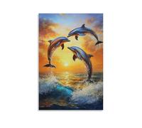 Dipinto ad olio con animali - Delfini graziosi al tramonto - Creature marine giocose che saltano tra le onde in calde tonalità dell'oceano, decorazione artistica da parete contemporanea, design