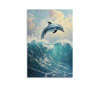 Dipinto ad olio con animali - Delfini graziosi che ballano nelle acque turchesi - Delfini giocosi che saltano tra le onde scintillanti dell'oceano elegante poster decorativo da appendere alla parete