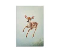 Dipinto ad olio con animali di un cervo che salta da una sporgenza invisibile, incorniciato contro un cielo verde salvia pallido. Decorazione da parete alla moda, poster artistico da appendere e