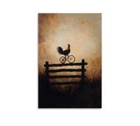 Dipinto ad olio con animali di un gallo che salta in bicicletta rustica fattoria recinti all'ora d'oro, sagoma di un cielo polveroso di bronzo. Decorazione da parete alla moda - Poster artistico da