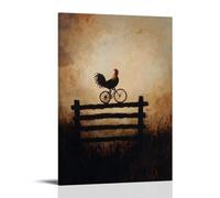 Dipinto ad olio con animali di un gallo che salta in bicicletta rustica fattoria recinti all'ora d'oro, sagoma di un cielo polveroso di bronzo. Decorazione da parete alla moda - Poster artistico da