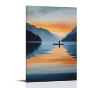 Dipinto ad olio con animali di un gatto che si trova sull'alba su un lago di montagna perfettamente immobile. Decorazione da parete moderna da appendere, stampa artistica da parete, 50 x 75 cm