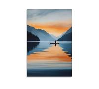 Dipinto ad olio con animali di un gatto che si trova sull'alba su un lago di montagna perfettamente immobile. Decorazione da parete moderna da appendere, stampa artistica da parete, 50 x 75 cm
