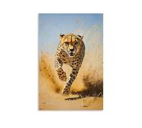 Dipinto ad olio con animali di un ghepardo che corre attraverso infiniti appartamenti nel deserto, ombra che brucia attraverso un campo giallo polveroso. Decorazione da parete alla moda, poster