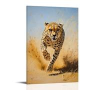 Dipinto ad olio con animali di un ghepardo che corre attraverso infiniti deserti appartamenti, ombra che brucia attraverso un campo giallo polveroso. Decorazione da parete alla moda, poster artistico