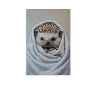 Dipinto ad olio con animali di un riccio avvolto completamente in un asciugamano gigante, solo il naso che sporge adorabilmente. Decorazione da parete moderna da appendere, stampa artistica da parete
