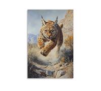 Dipinto ad olio con animali di una lince che corre sentieri di montagna come un maratoneta estremo, ombra tesa su paesaggi salvia. Decorazione murale moderna da appendere poster artistico da appendere