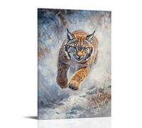 Dipinto ad olio con animali di una lince che spinge lungo i sentieri alpini robusti, sfocato attraverso un paesaggio scuro di salvia. Decorazione da parete alla moda, poster artistico da appendere e
