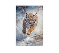 Dipinto ad olio con animali di una lince che spinge lungo i sentieri alpini robusti, sfocato attraverso un paesaggio scuro di salvia. Decorazione da parete alla moda - Poster artistico da appendere e