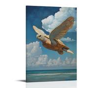 Dipinto ad olio con animali di una tartaruga che scivola attraverso correnti d'aria invisibili in abito alato, fluttuante contro un orizzonte acquamarina. Decorazione da parete alla moda, poster