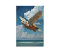 Dipinto ad olio con animali di una tartaruga che scivola attraverso correnti d'aria invisibili in un abito alato, fluttuante contro un orizzonte acquamarina. Decorazione da parete alla moda, poster