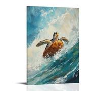 Dipinto ad olio con animali di una tartaruga che scorre attraverso rapide su una selvaggia corsa sul fiume, acque schiumose che brillano sotto i cieli turchesi. Elegante poster artistico da appendere