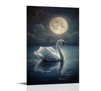 Dipinto ad olio con animali - Elegante cigno bianco che scivola su un lago sereno al chiaro di luna, decorazione da parete moderna da appendere - stampa artistica murale 50 x 75 cm