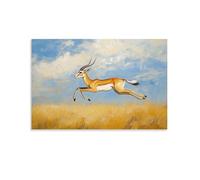 Dipinto ad olio con animali, graziosa gazzella, delicate pennellate raffiguranti un'antilope dai piedi della flotta a metà balzo attraverso praterie illuminate dal sole, arte contemporanea da