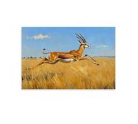 Dipinto ad olio con animali, graziosa gazzella, delicate pennellate raffiguranti un'antilope dai piedi della flotta che attraversa praterie illuminate dal sole, arte contemporanea da appendere alla