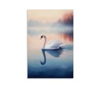 Dipinto ad olio con animali, grazioso cigno bianco che scivola attraverso un lago nebbioso all'alba, decorazione moderna da appendere alla parete, stampa artistica da parete, 60 x 90 cm