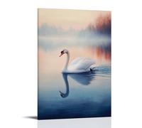 Dipinto ad olio con animali, grazioso cigno bianco che scivola attraverso un lago nebbioso all'alba, decorazione moderna da appendere alla parete, stampa artistica da parete, 30 x 45 cm