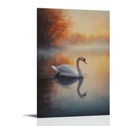 Dipinto ad olio con animali - grazioso cigno bianco che scivola attraverso un lago nebbioso all'alba, elegante poster artistico decorativo da appendere alla parete, 50 x 75 cm