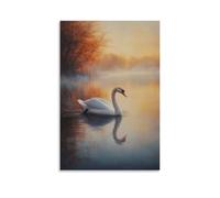 Dipinto ad olio con animali - grazioso cigno bianco che scivola attraverso un lago nebbioso all'alba, elegante poster artistico decorativo da appendere alla parete, 50 x 75 cm