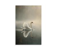 Dipinto ad olio con animali - Grazioso cigno bianco che scivola attraverso un lago nebbioso con riflessi morbidi e delicate pennellate di pennellate, elegante poster artistico decorativo da parete, 40