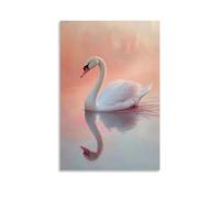 Dipinto ad olio con animali - grazioso cigno bianco che scivola attraverso un lago sereno, che riflette un tramonto rosa tenue sull'acqua increspata - decorazione murale design 60 x 90 cm