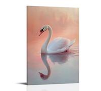 Dipinto ad olio con animali - grazioso cigno bianco che scivola attraverso un lago sereno, che riflette un tramonto rosa tenue sull'acqua increspata - decorazione murale design 20 x 30 cm