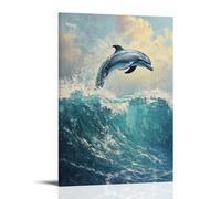 Dipinto ad olio con animali, grazioso delfino che ballano nelle acque turchesi, delfini giocosi che saltano tra le onde dell'oceano scintillanti, elegante poster decorativo da parete, 30 x 45 cm
