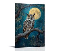 Dipinto ad olio con animali, gufo saggio al chiaro di luna, un grande gufo cornuto appollaiato su un antico ramo di quercia sotto il bagliore di una luna piena, decorazione artistica da parete, design