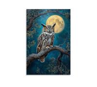 Dipinto ad olio con animali - Gufo vecchio saggio al chiaro di luna - Un grande gufo cornuto appollaiato su un antico ramo di quercia sotto il bagliore di una luna piena arte contemporanea da