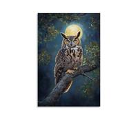 Dipinto ad olio con animali - Gufo vecchio saggio al chiaro di luna - Un grande gufo cornuto appollaiato su un antico ramo di quercia sotto il bagliore di una luna piena arte contemporanea da