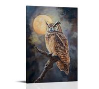 Dipinto ad olio con animali - Gufo vecchio saggio appollaiato su ramo illuminato dalla luna con piume incandescenti alla luce notturna decorazione da parete moderna - stampa artistica murale 30 x 45
