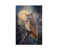 Dipinto ad olio con animali - Gufo vecchio saggio appollaiato su ramo illuminato dalla luna con piume che brillano nella luce notturna decorazione moderna da parete - Stampa artistica murale 50 x 75