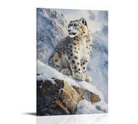 Dipinto ad olio con animali, leopardo delle nevi mistico, un raro scorcio del predatore di montagna sfuggente che si fonde nel suo habitat himalayano ghiacciato, elegante arte da appendere alla parete