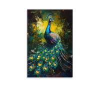 Dipinto ad olio con animali - Pavone colorato che mostra le sue piume iridescenti, una vibrante sinfonia di blu e verde in stile barocco elegante da appendere alla parete, poster decorativo da parete