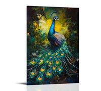 Dipinto ad olio con animali - Pavone colorato che mostra le sue piume iridescenti, una vibrante sinfonia di blu e verde in stile barocco elegante da appendere alla parete, poster decorativo da parete