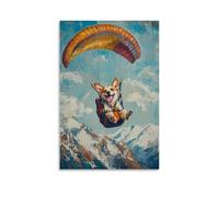 Dipinto ad olio con animali - Un cane che parapendio sopra catene montuose con un grande sorriso, texture cielo ad olio, sfondo azzurro chiaro, decorazione artistica da parete moderna decorazione