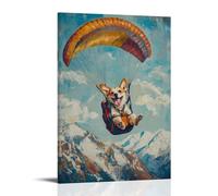 Dipinto ad olio con animali - Un cane che parapendio sopra catene montuose con un grande sorriso, texture cielo ad olio, sfondo azzurro chiaro, decorazione artistica da parete moderna decorazione
