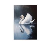 Dipinto ad olio con grazioso cigno bianco che scivola su un lago simile a uno specchio al crepuscolo, decorazione moderna da appendere alla parete, stampa artistica da parete, 60 x 90 cm