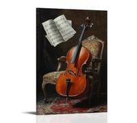 Dipinto ad olio con strumenti musicali, natura morta di violoncello appoggiato a una sedia decorata con spartiti musicali fluttuanti nell'aria, decorazione da parete alla moda, poster artistico da