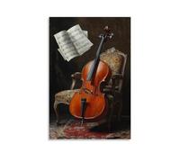 Dipinto ad olio con strumenti musicali, natura morta di violoncello appoggiato a una sedia decorata con spartiti musicali fluttuanti nell'aria, decorazione da parete alla moda, poster artistico da