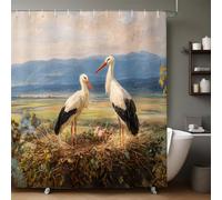 Dipinto Ad Olio D'Epoca Tenda Doccia Due cicogne in bellissime montagne 180x200 cm Poliestere Lavabile Impermeabile con 12 Ganci per Vasca da Bagno